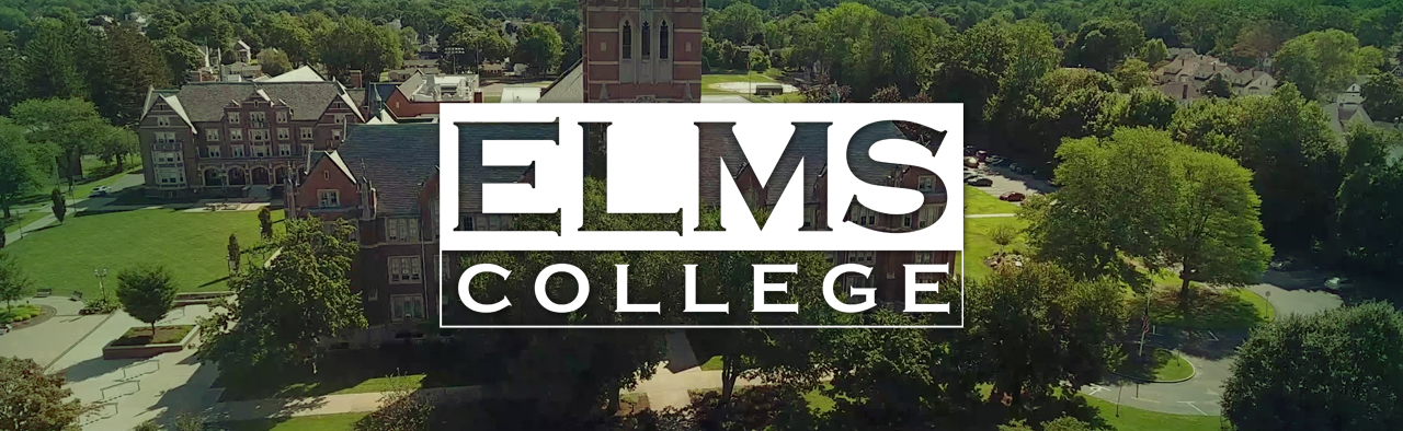 Large header graphic for this page, featuring the Elms College logo prominently with the college campus architecture and trees in the background.