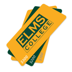 Product image of payment cards for varying amounts with the Elms College logo on it.