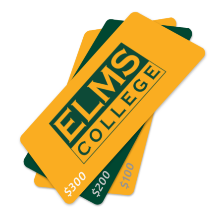 Product image of payment cards for varying amounts with the Elms College logo on it.